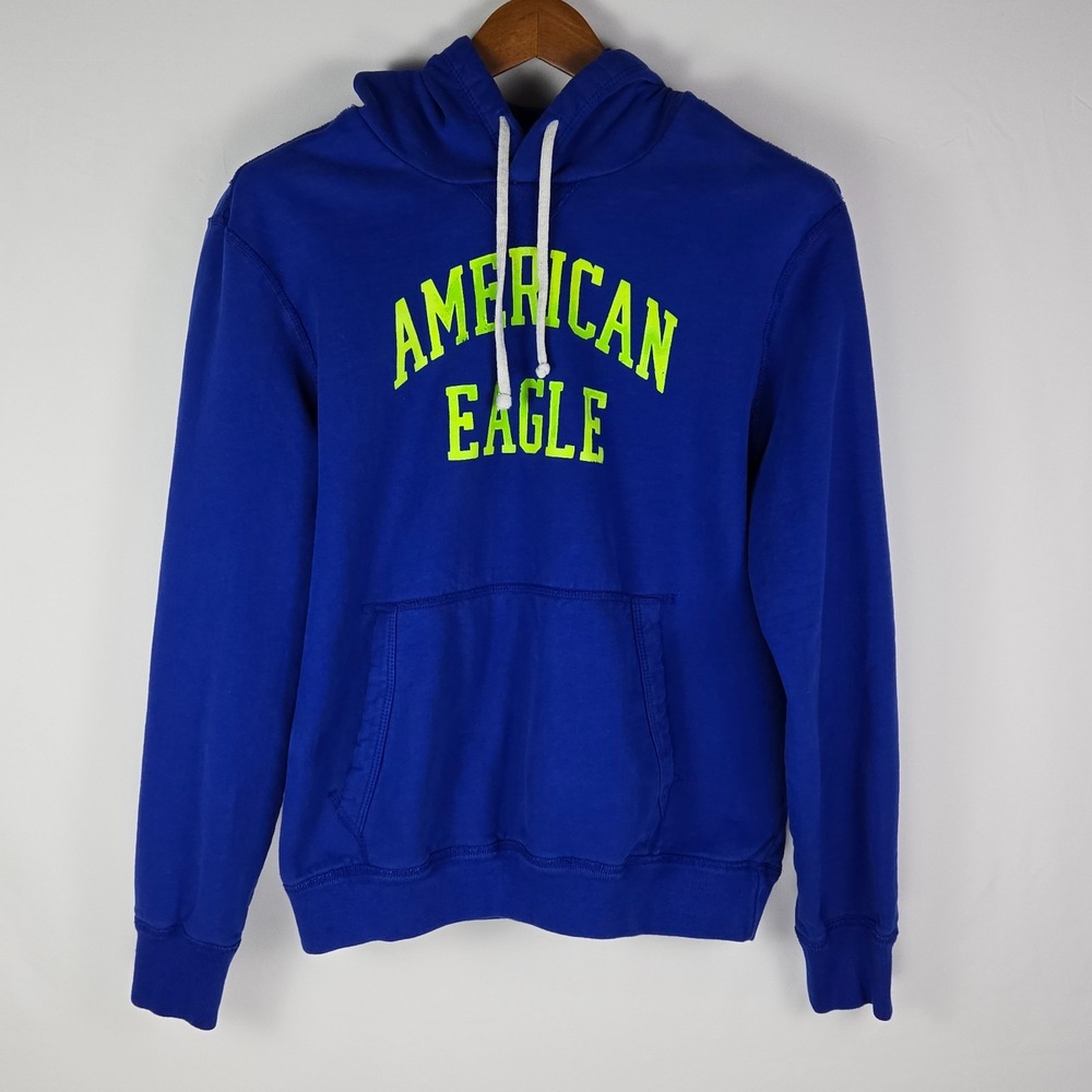American Eagle Mens Hoodie Medium Blue Neon Green Graphic Arch Logo Y2K Retro